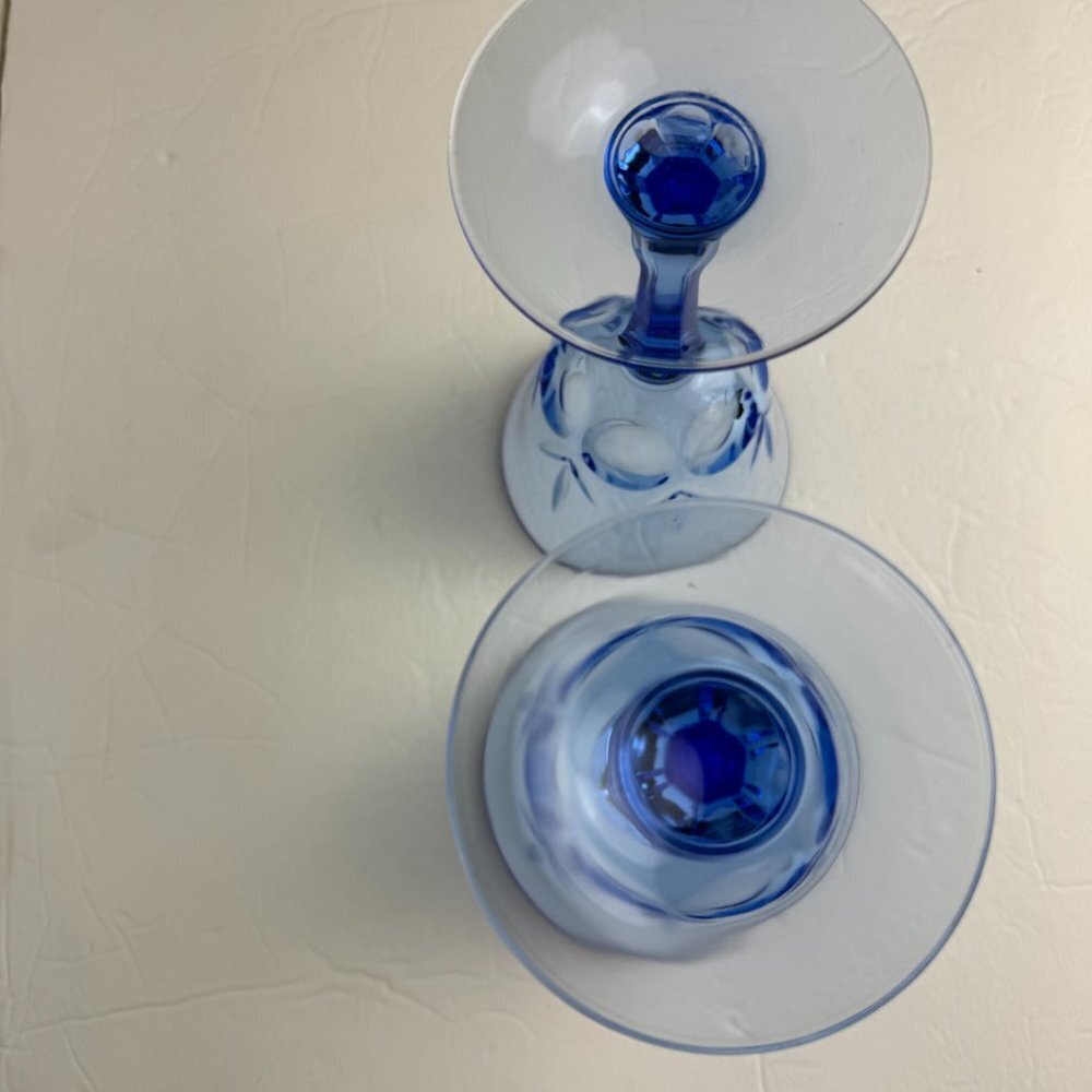 Vintage Blue Wine Glasses Goblets Set of 2 7.5" Tall - Picture 7 of 8